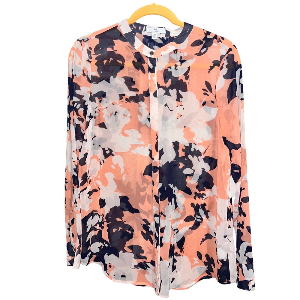 NWT H By Halston Dressy Tunic Top Size S/P Floral Print Peach Navy‎ White Sheer
